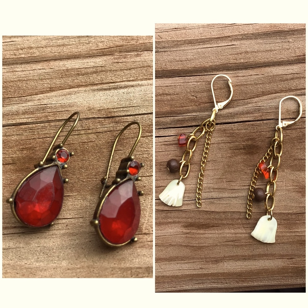 2 sets: Red Teardrop Earrings & Dangling GoldTone, white & red earrings